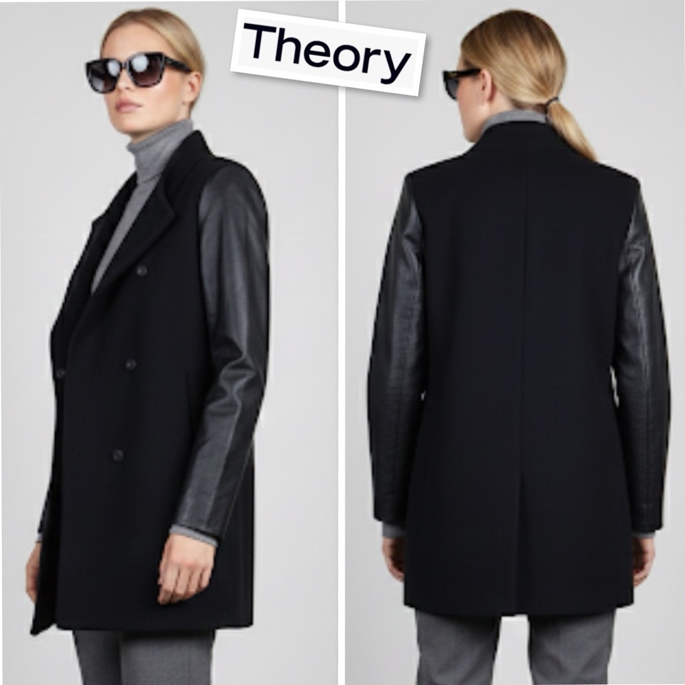 Theory Wool Blend With Lamb Leather Sleeves Peacoat Jacket In Black Size L/G
